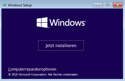 Windows Setup-Bildschirm mit Installations- und Reparaturoptionen